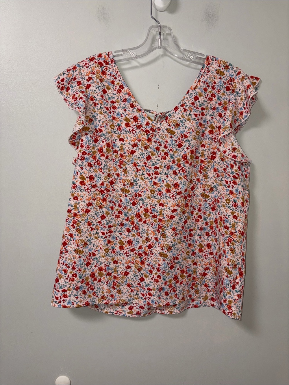 SHEIN Multicolor Ditsy Floral Flutter Sleeve Lace Trim Back Top L Cottagecore